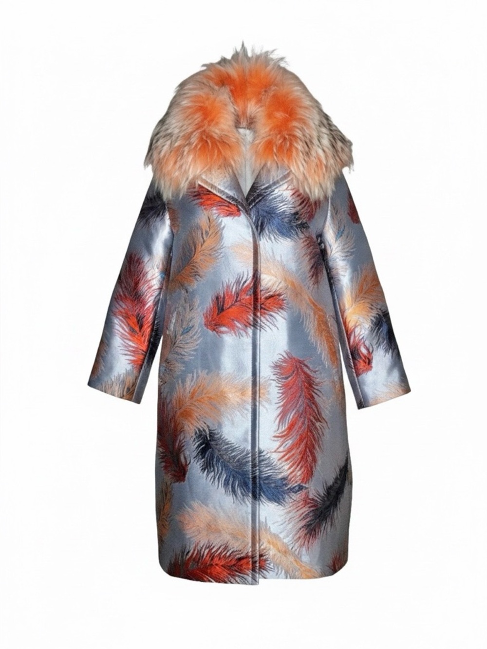 Emilio Pucci PreFall 2016 Feather-Print Coat with Real Fur Collar
